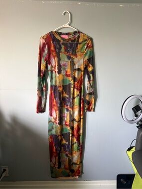 Abstract Brushstroke Long-Sleeve Mesh Maxi Dress